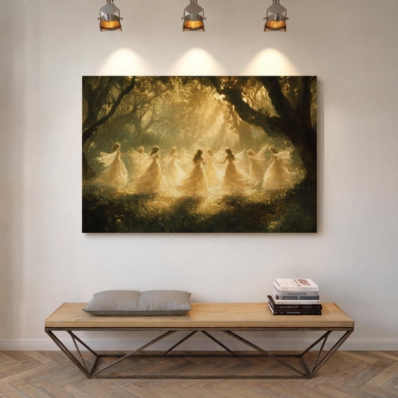 Ethereal Fairies Dancing In Golden Forest Light, Magical Woodland Scene For Enchanting Fantasy Wall Art Wall Art, Modern Wall Decor, 16x24 UNFRAMED