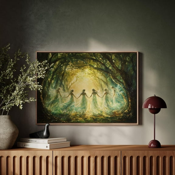 Ethereal Fairies Dancing In Moonlit Enchanted Forest, Mystical Woodland Fantasy Art For Nature And Fairy Tale Decor Wall Art, Modern Wall Decor, 8x12 UNFRAMED