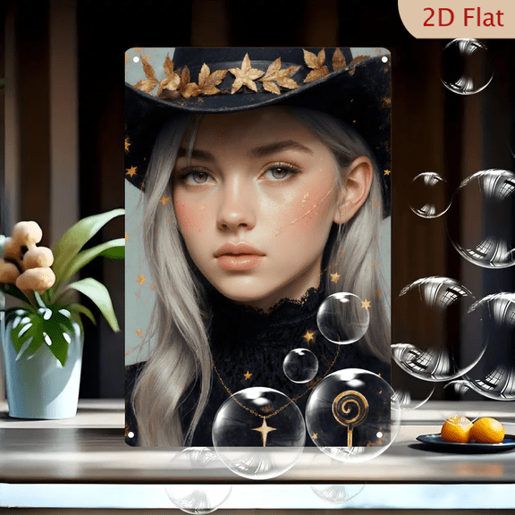 Ethereal Fantasy Woman Portrait 8x12 Metal Wall Art, Silvery Hair & Green Eyes with Golden Constellation Makeup, Gothic Black Hat and Lace Outfit, Celestial Stars Background, Rustic Elegant Decor for