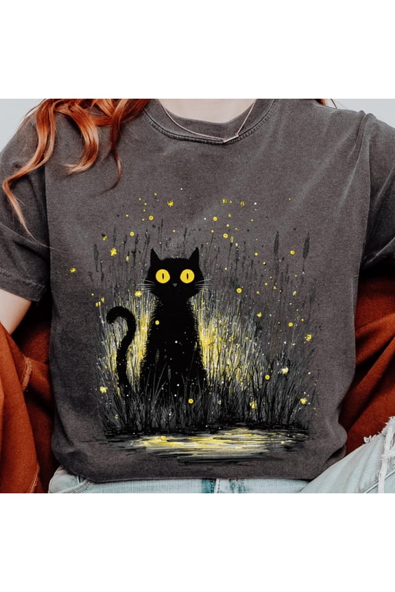 Ethereal Firefly Cat Graphic Tee Shirt Nature Lover Tee Spooky Cat Halloween Top Dark Goth