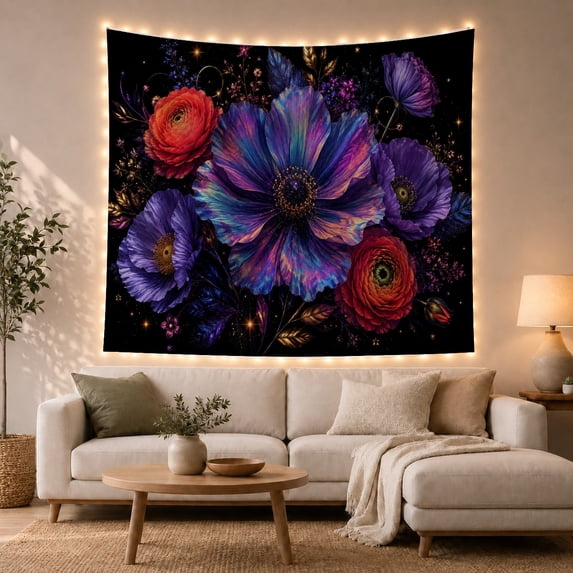 Ethereal Floral Poppies and Ranunculus Against Midnight Black, Mystical Celestial for Art Lovers, Cosmic Flower Art Decor, Birthday Gift, Tapestry Wall Hanging for Bedroom and Living Room