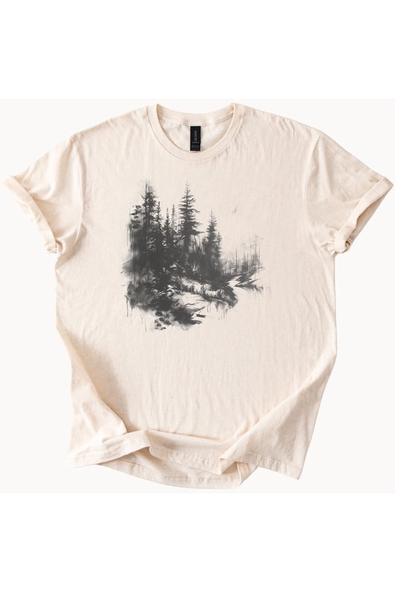Ethereal Forest Graphic Tee Misty Woods Unisex T Shirt Nature Lover Gift Soft Style Top Birthday Gifts; For Men & Women