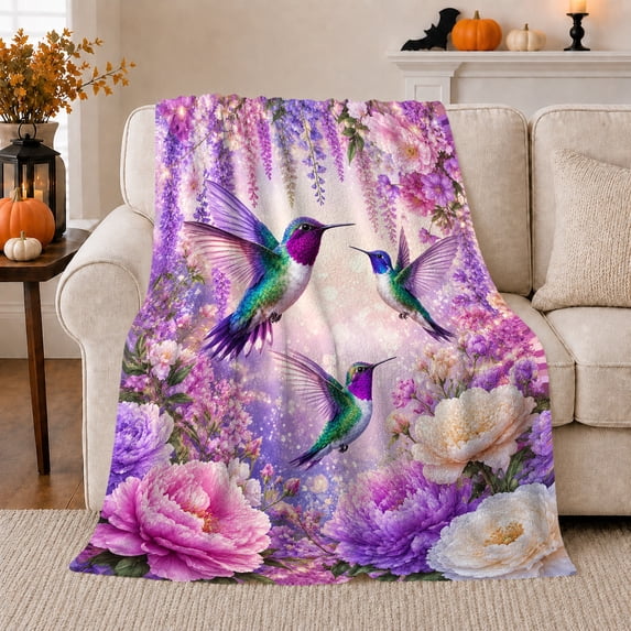 Ethereal Garden Hummingbird Floral Pattern, Cozy Bird Art Scene, Warm Flannel Blanket for Living Room and Reading Nook, Bird Lovers Friendship Gift, Artistic Home Decor