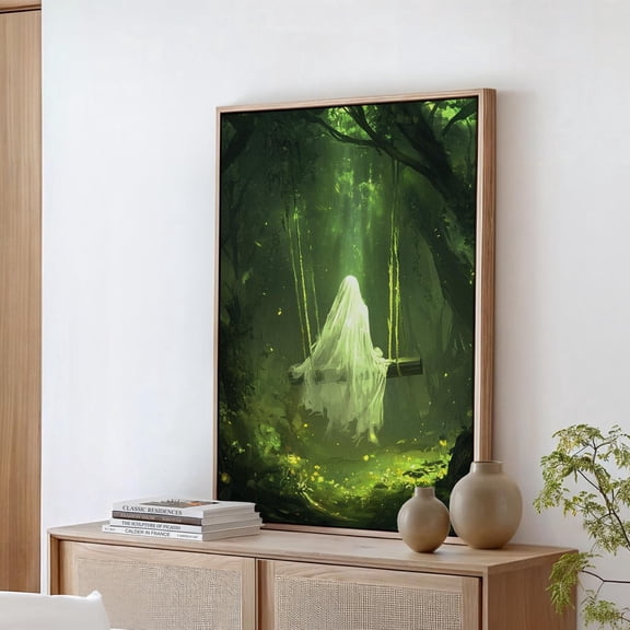 Ethereal Ghost On Swing In Enchanted Green Forest - Magical Wall Art Print With Fireflies Wall Art, Modern Wall Decor, 8x12 UNFRAMED