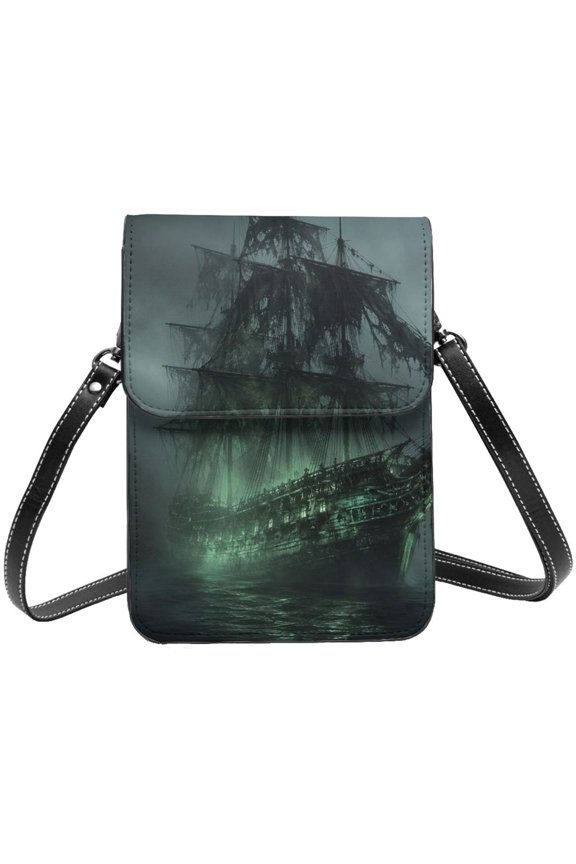 Ethereal Ghost Ship In Fog Graphic Cell Phone Purse Small Crossbody Bag with Strap Credit Card Slots Leather Shoulder Wallet for Women