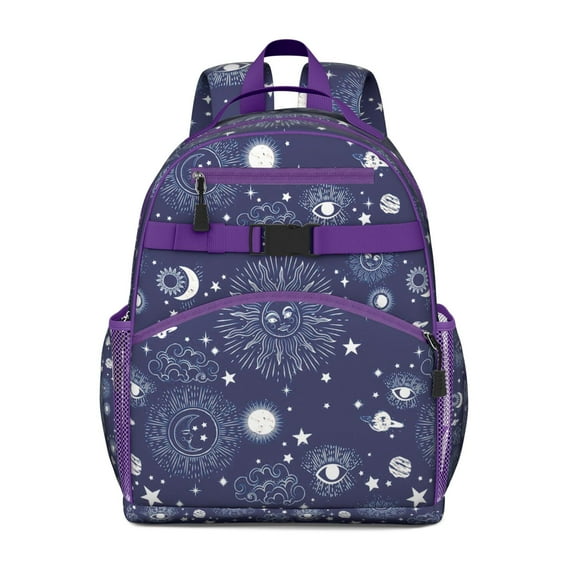 Ethereal Goth Students Backpack with Astral Moon and Sunburst Star Print, Dark Celestial Art Pattern, Durable and Spacious for and Travel