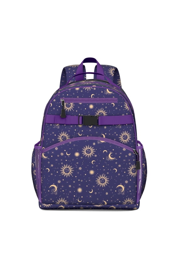 Ethereal Goth Students Backpack with Astral Moon and Sunburst Star Print, Dark Celestial Art Pattern, Durable and Spacious for and Travel