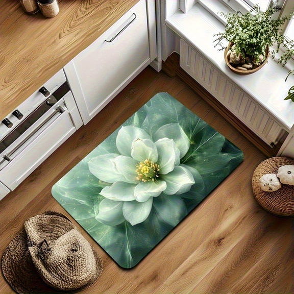 Ethereal Green Lotus Print Diatomaceous Earth Bath Mat, Non-Slip Zen Floral Rug, Quick-Drying Serene Flower Design Doormat For Bathroom Entryway