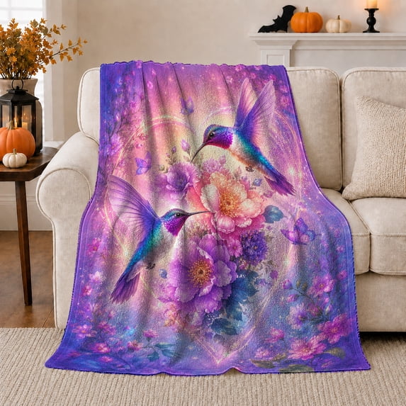 Ethereal Hummingbird Garden, Mystical Bird Art Scene, Warm Flannel Blanket for Living Room and Reading Nook with Detailed Artwork, Bird Lovers Friendship Gift, Artistic Home Decor