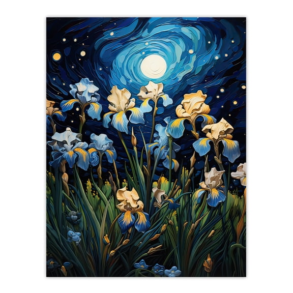 Ethereal Iris Flower Meadow Blooms Moonlight Large Wall Art Poster Print Thick Paper 18X24 Inch