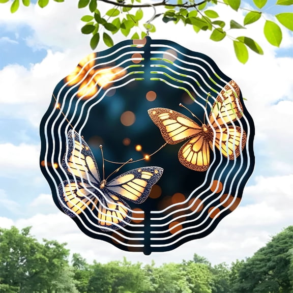 Ethereal Metal Hanging Wind Spinners with Concentric White Lines & Glowing Butterflies - Serene Garden Decor for Tranquility