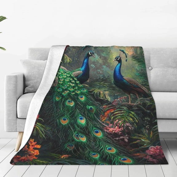 Ethereal Misty Forest Peacock Blanket, Soft, Warm, Durable Nature Blanket, for Bed, Couch & Travel, Machine Washable 50x40in, Perched in Enchanted Woods