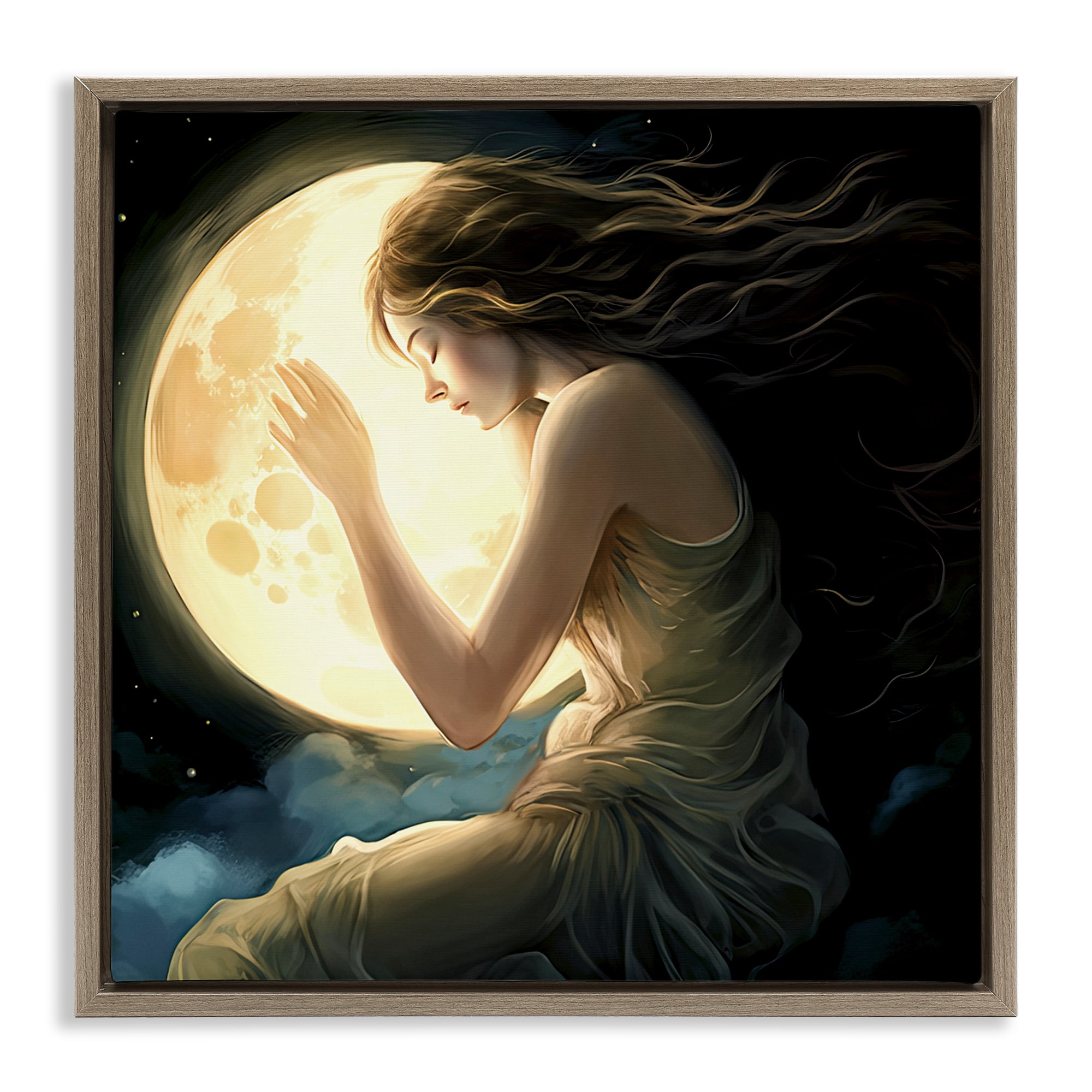 Ethereal Moon Love Brown Framed Floater Canvas Wall Art, design by Sasha
