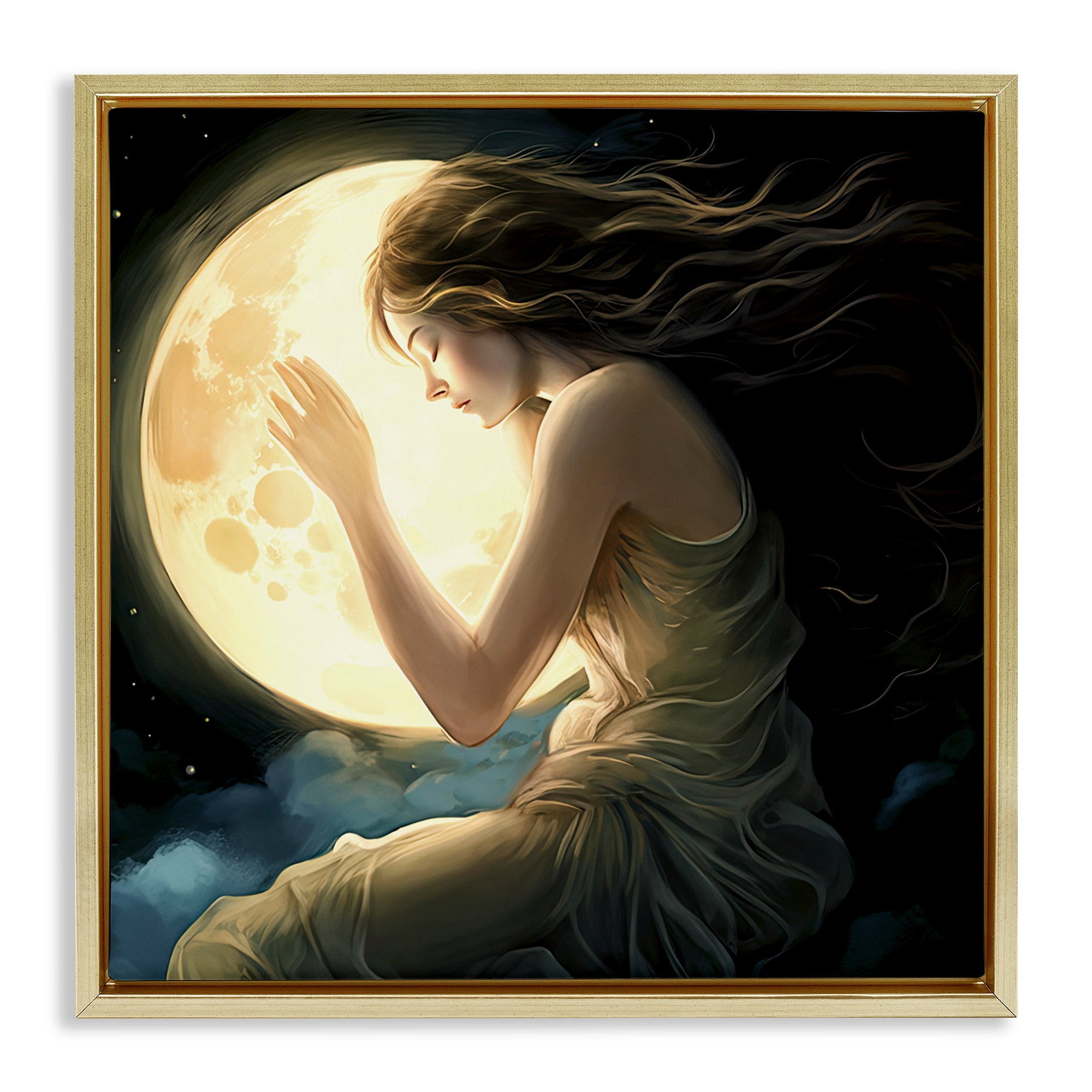 Ethereal Moon Love Gold Framed Floater Canvas Wall Art, design by Sasha