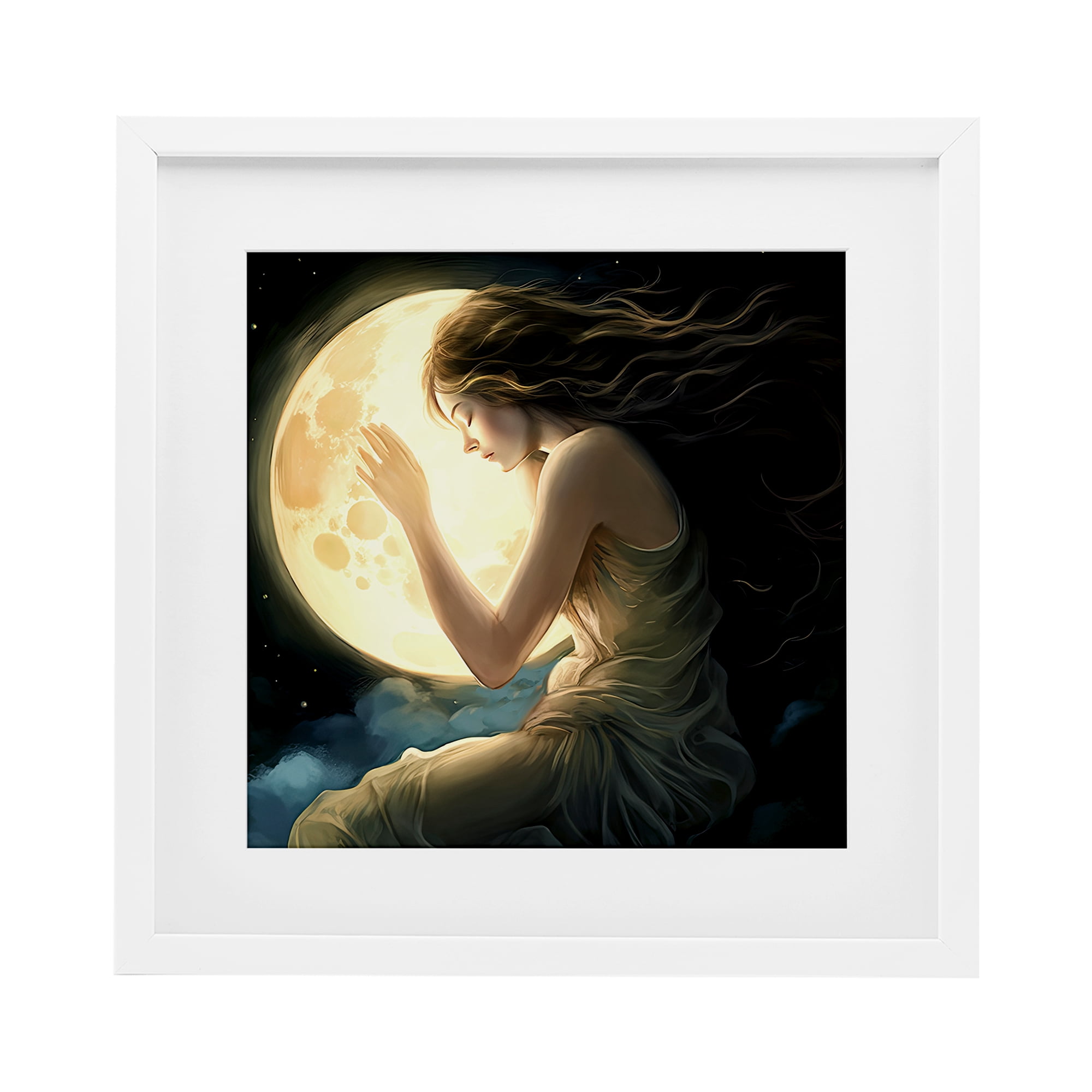 Ethereal Moon Love White Framed Print Under Glass, design by Sasha