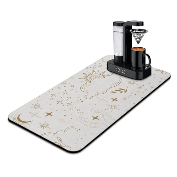 Ethereal Moon and Sun Coffee Bar Mat Astrology Print 4-Layer Absorbent Construction Multi-Use for Kitchen Counters
