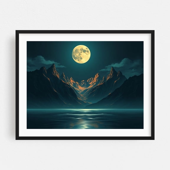 Ethereal Moonlight Serenade Over Ancient Peaks - Illustration Moon Night Sky Landscape Mountain Scenic Nature Mystical Black Framed Wall Art Print 12 x 16 inches