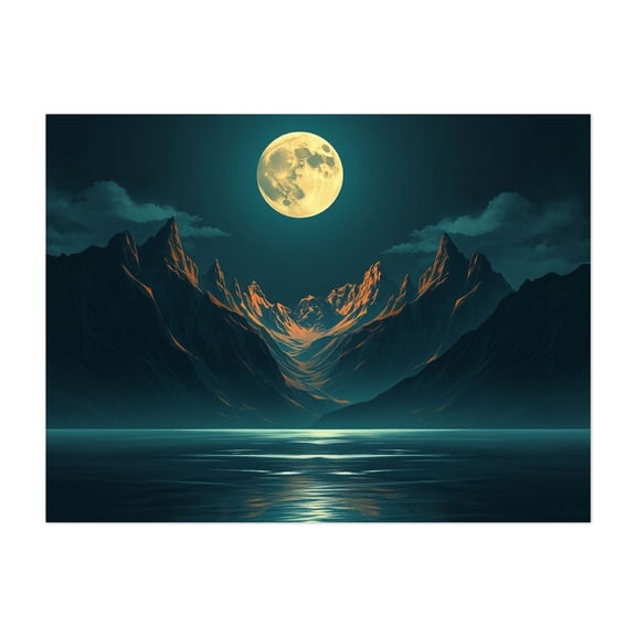 Ethereal Moonlight Serenade Over Ancient Peaks - Illustration Moon Night Sky Landscape Mountain Scenic Nature Mystical Unframed Wall Art Print 5 x 7 inches