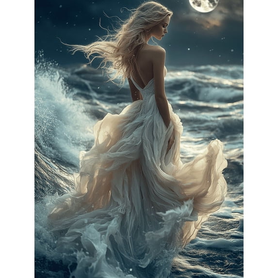 Ethereal Moonlit Ocean Canvas Wall Art, Flowing Dress Mystical Woman Night Sky Dreamy Home Decor