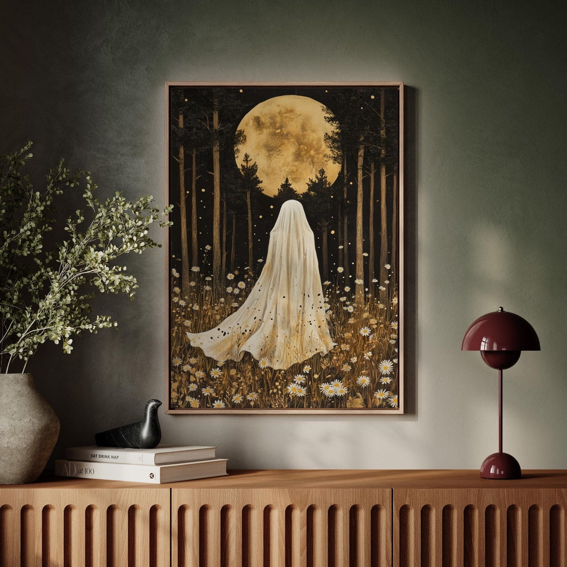 Ethereal Moonlit Wall Art Featuring Ghostly Figure Among Daisy Field ...
