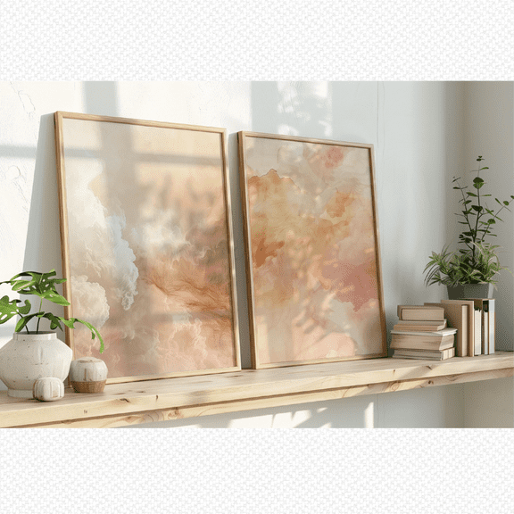 Ethereal Neutral Cloud Abstract Diptych Set 2 , Poster Only