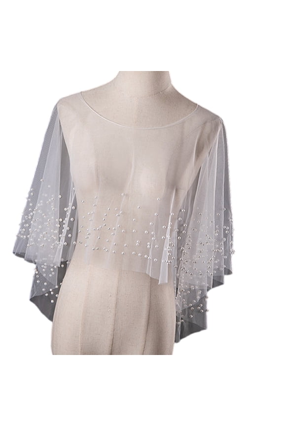 Ethereal Pearls Net Shawl Round Neckline Wedding Capes Beaded Bridal Shawl for Wedding Reception Photo