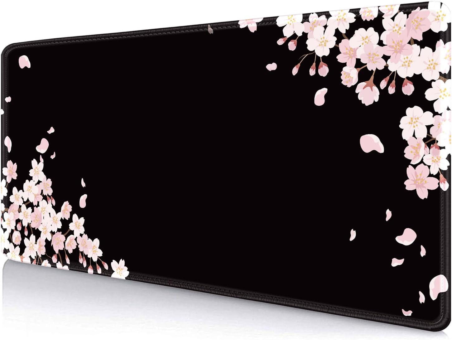 Ethereal Sakura Nightfall Desk Pad (35.4x15.7 in), Cherry Blossom Large Gaming Mouse Pad, Serene Blossoms on Black Elegant Floral Art Desk Mat, Japanese Minimalistic Floral Desk Accessory