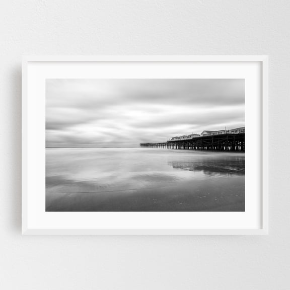 Ethereal Seascape - San Diego California Photography Black and White Seascape Boardwalk Ocean Coast Minimalist Beach White Framed Wall Art Print 20 x 30 inches