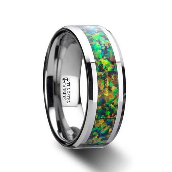 Ethereal Tungsten Carbide Ring With Blue Orange Opal Inlay