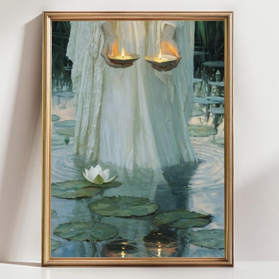 Ethereal Water Lily Priestess Wall Art Print, Fantasy Candle Offering ...