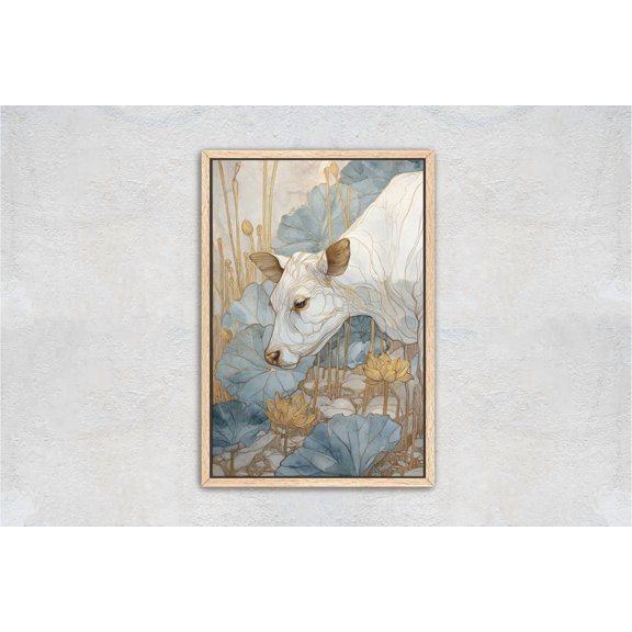 Ethereal White Cow in Gold Lotus Pond Modern Farmhouse Canvas Print, Poster Only