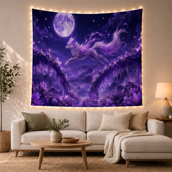 Ethereal White Fox in Moonlit Purple Forest with Pagodas, Mystical Fantasy for Fantasy Art Lovers, Enchanted Nature Decor, Magical Birthday Gift, Tapestry Wall Hanging for Bedroom and Living Room