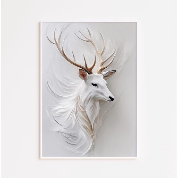 Ethereal White Stag Art Poster: Majestic Winter Home Decor, Size 8x12 UNFFRAMED F03.1.7l1564