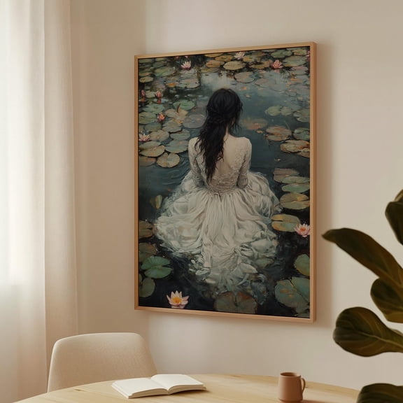 Ethereal Woman In Lace Dress By Lily Pond Art - Romantic Waterlilies Scene, Vintage-Inspired Wall Decor Wall Art, Modern Wall Decor, 12x18 UNFRAMED