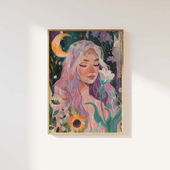 Ethereal female and crescent moon art print | floral whimsical moon art, enchanted celestial fairy, beautiful magical, delicate pastel art