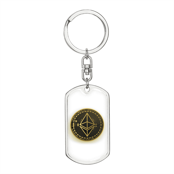 Ethereum Gold Crypto Cryptocurrency Stainless Steel or 18k Gold Premium Swivel Dog Tag Keychain