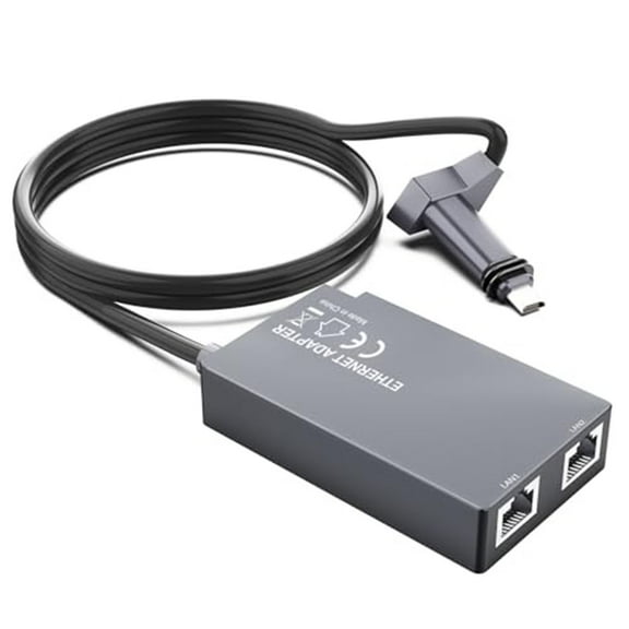 Ethernet Adapter for Starlink Gen 2, Dual Port RJ45 Gigabit Converter with 1m Cable, High-Speed Network Bridge for V2 Rectangular Dish and Mesh Router Systems, gray
