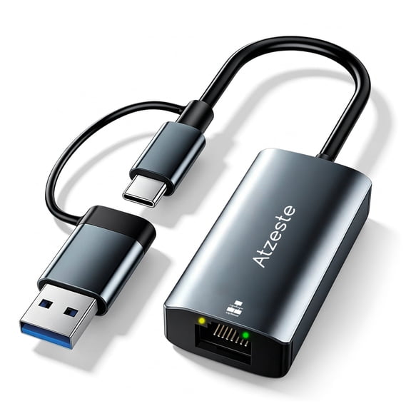 Atzeste USB 3.0 & USB C to 2.5G Ethernet Adapter, RJ45 Network Adapter up to 2500Mbps (2.5Gbps), Compatible with MacBook Pro/Air, Surface Pro, Windows 11/10/8/7, Mac OS