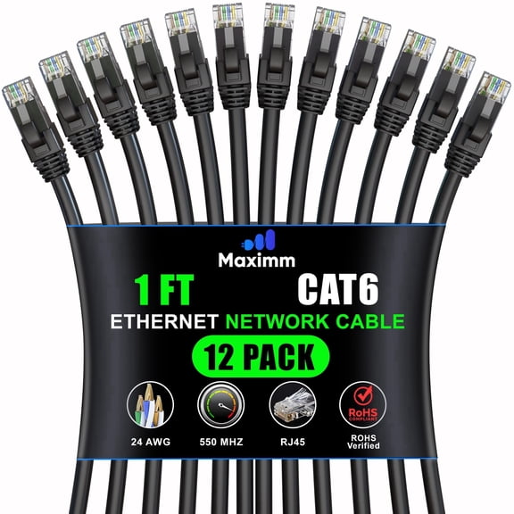 Maximm Cat 6 Ethernet Cable - 1 ft (12-Pack) - High-Speed LAN, Internet, Patch, and Network Cable - UTP, 10Gbps, 550MHz Ethernet Cord - Black