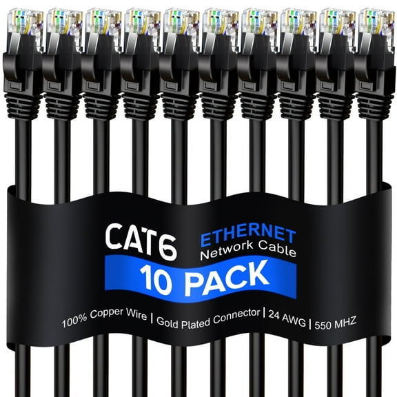 Cat 6 Ethernet Cable 12 Ft, 100% Pure Copper, Cat6 Cable (10 Pack) LAN Cable, Internet Cable, Patch Cable and Network Cable - UTP (Black) 12 Feet