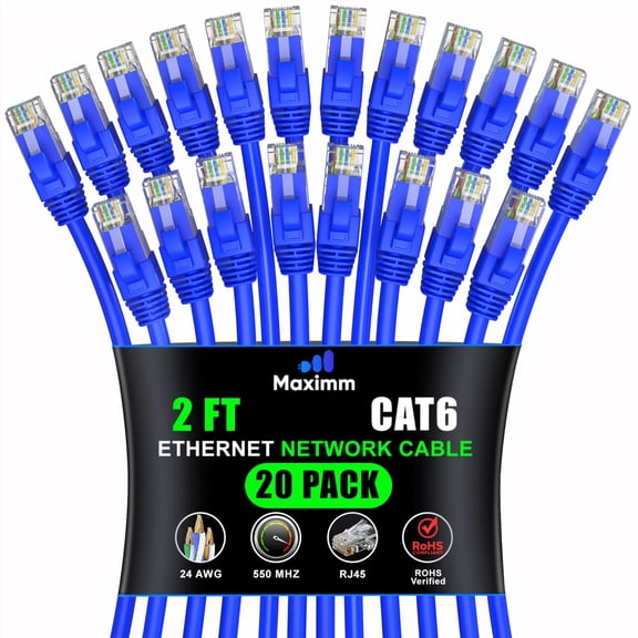 Maximm Cat 6 Ethernet Cable 2 ft (20-Pack) - High-Speed LAN Cable, Internet Cable, Patch Cable, and Network Cable - UTP, 10Gbps, 550MHz Ethernet Cord - Blue