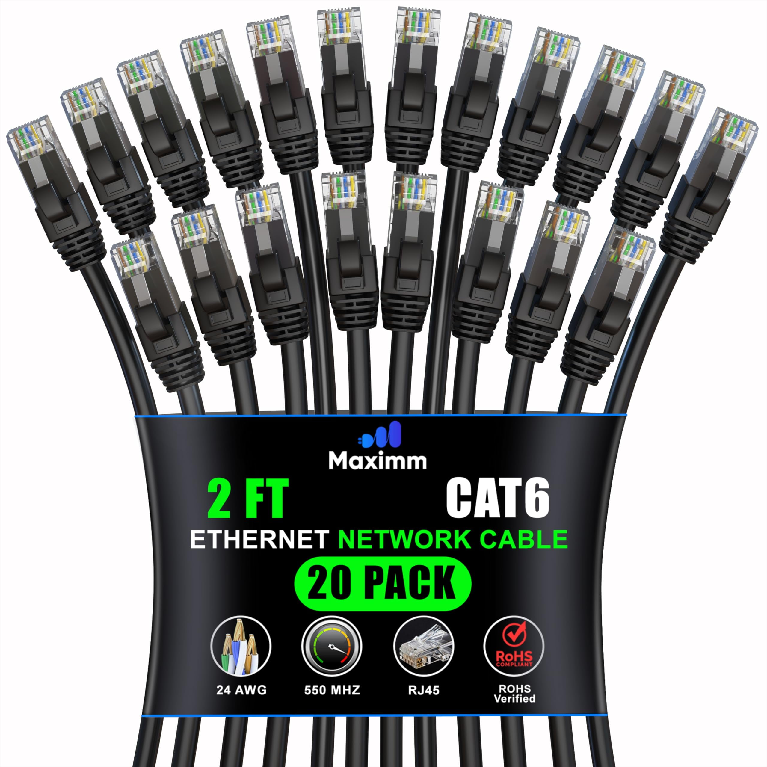 Maximm Cat 6 Ethernet Cable 2 ft (20-Pack) - High-Speed LAN Cable, Internet Cable, Patch Cable, and Network Cable - UTP, 10Gbps, 550MHz Ethernet Cord - Black