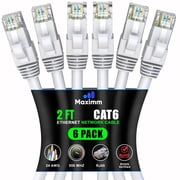Maximm Cat 6 Ethernet Cable 2 ft (6-Pack) - High-Speed LAN Cable, Internet Cable, Patch Cable, and Network Cable - UTP, 10Gbps, 550MHz Ethernet Cord - White