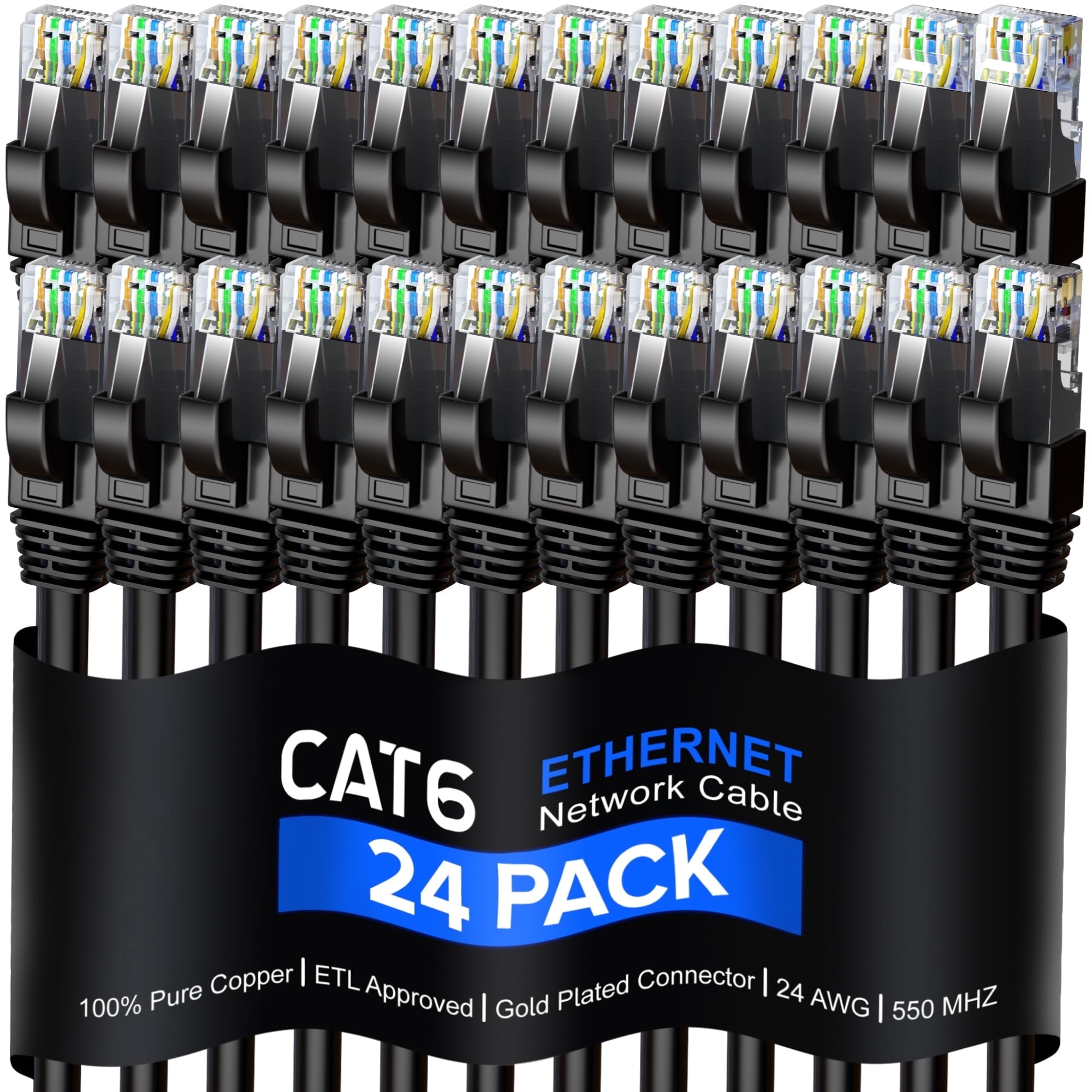 Cat 6 Ethernet Cable 20 Ft, 100% Pure Copper, Cat6 Cable (24 Pack) LAN Cable, Internet Cable, Patch Cable and Network Cable - UTP (Black) 20 Feet