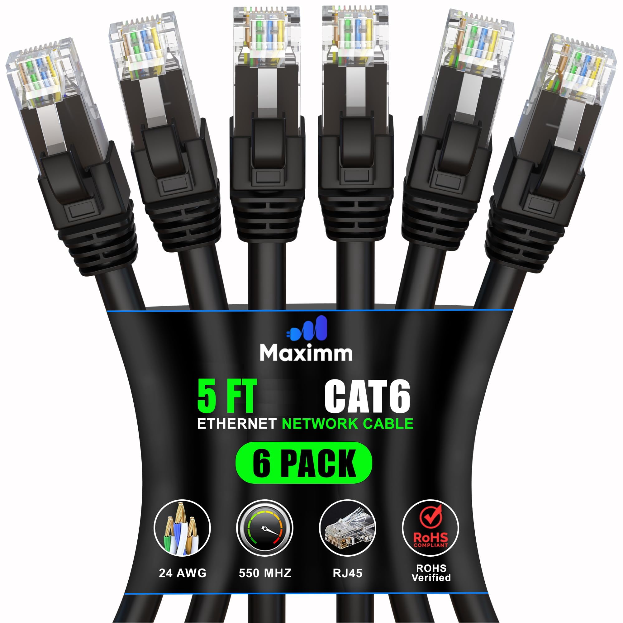 Maximm Cat 6 Ethernet Cable 5 ft (6-Pack) - High-Speed LAN Cable ...