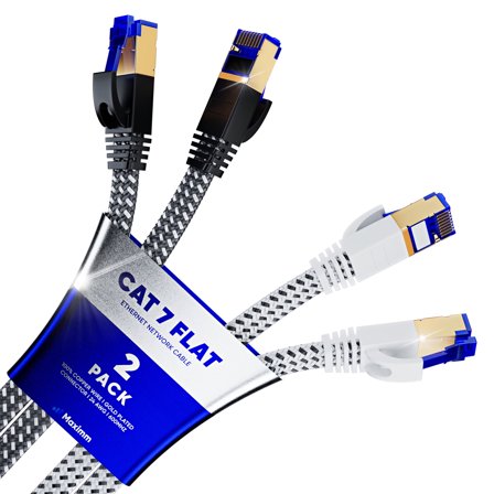 Ethernet Cable Cat 7, 1 ft, 2 Pack,Easy-Hide Flat Super-Durable Black and White Braided Network LAN Internet Cable/Cord, Ethernet Patch Cable
