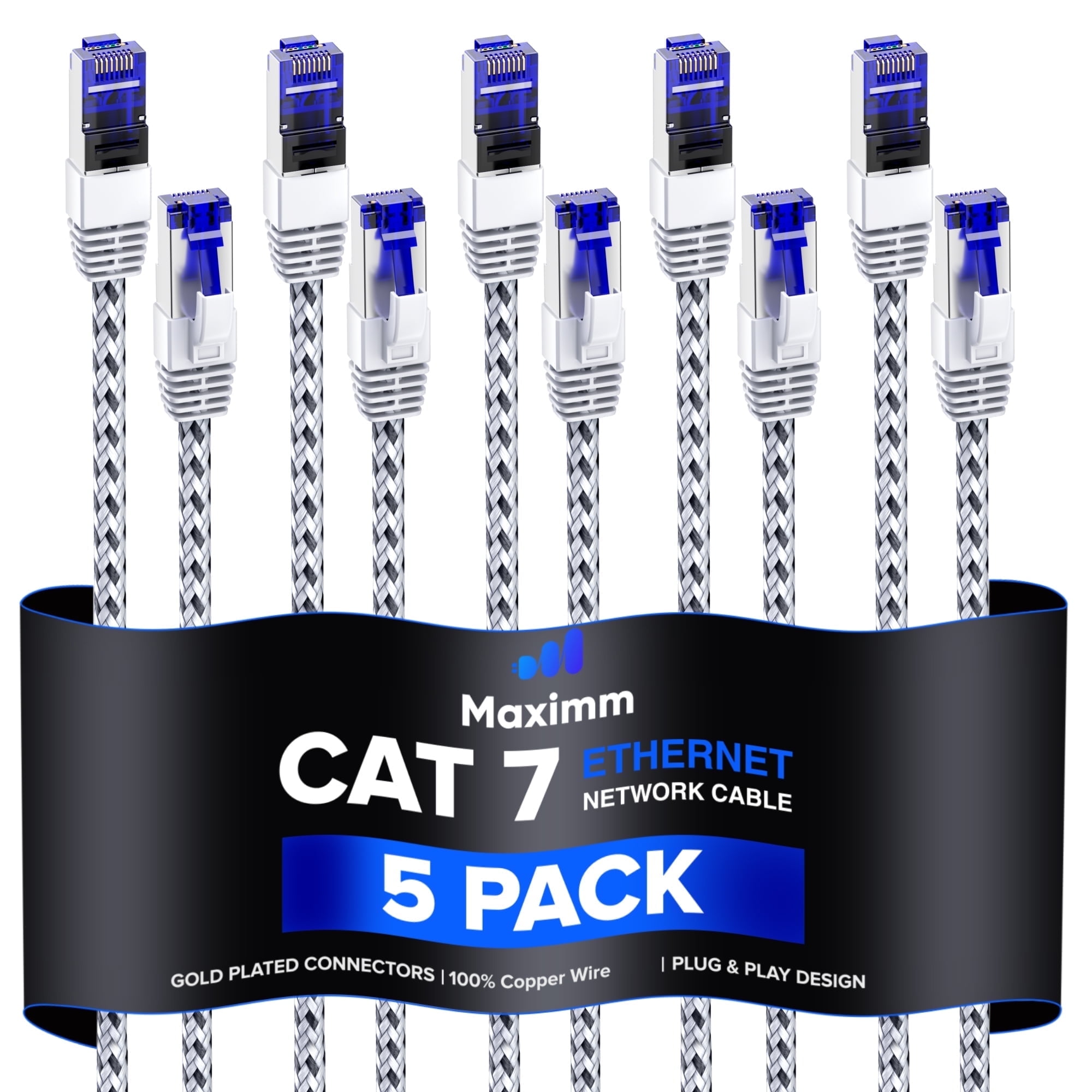 Cat7 Ethernet Cable 1ft, 5-Pack (White) - Braided High-Speed Network LAN Cables for Gaming, Streaming, Router, Modem, PC, PS5, Xbox - Durable & Tangle-Free Design, 5-Pack