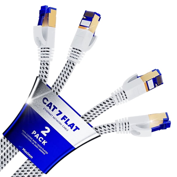 Maximm Cat 7 Flat Ethernet Cable, 10 ft White Braided High-Speed Lan Internet Network Cord, 2-Pack