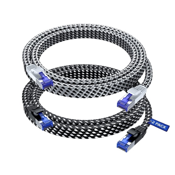 Ethernet Cable Cat 7, 10 ft, 2 Pack,Easy-Hide Flat Super-Durable Black and White Braided Network LAN Internet Cable/Cord, Ethernet Patch Cable