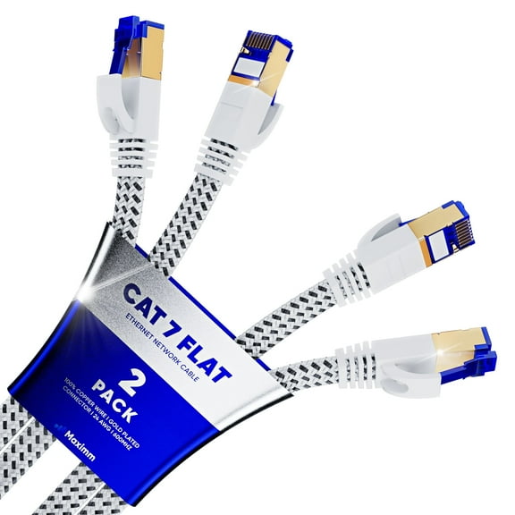 Ethernet Cable Cat 7, 10 ft, 2 Pack,Easy-Hide Flat Super-Durable White Braided Network LAN Internet Cable/Cord, Ethernet Patch Cable
